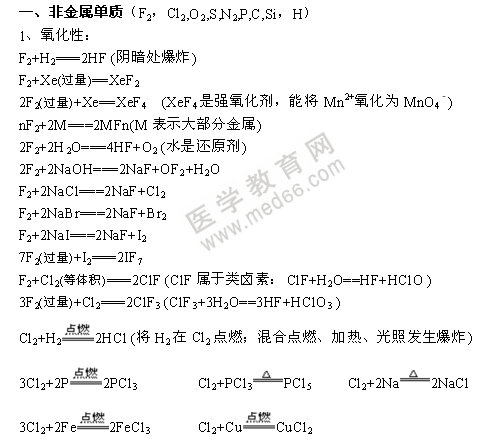 無(wú)機(jī)化學(xué)方程式-非金屬單質(zhì)