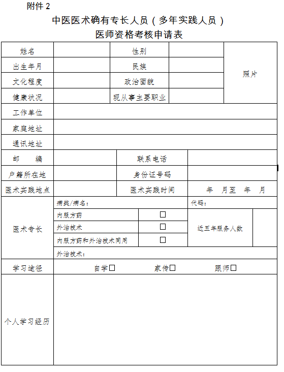 2018中醫(yī)醫(yī)術(shù)確有專長(zhǎng)人員（多年實(shí)踐人員）醫(yī)師資格考核申請(qǐng)表下載