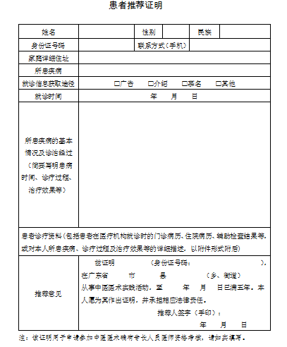 中醫(yī)醫(yī)術(shù)實踐證明材料、患者推薦表如何填寫