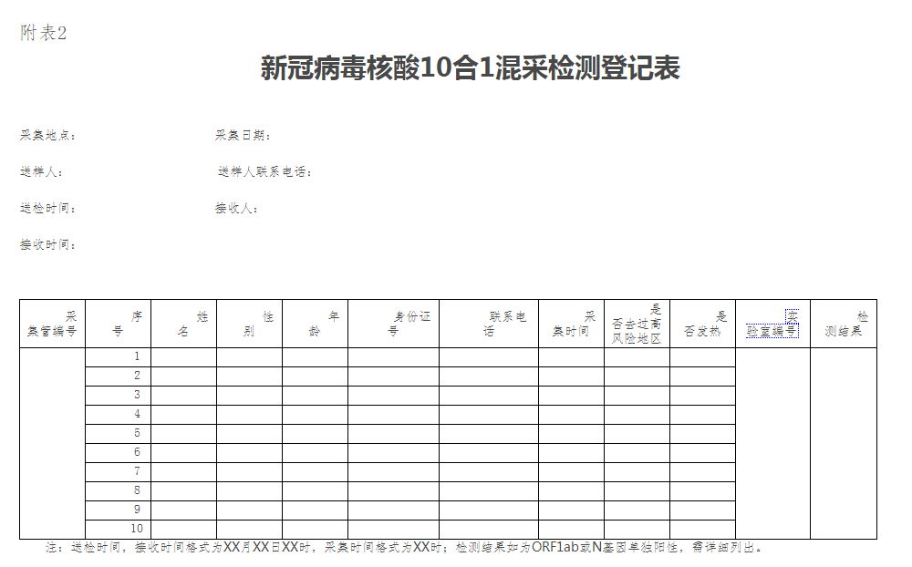 新冠病毒核酸10合1混采檢測登記表