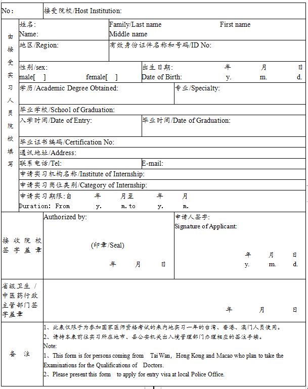 外籍人員參加中國(guó)醫(yī)師資格考試實(shí)習(xí)申請(qǐng)審核表