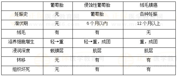 絨癌、侵蝕性葡萄胎、葡萄胎的鑒別